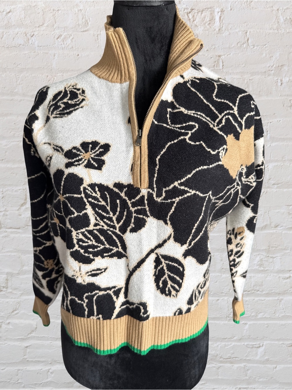 Maeve Black, White & Camel Floral Half-Zip Sweater